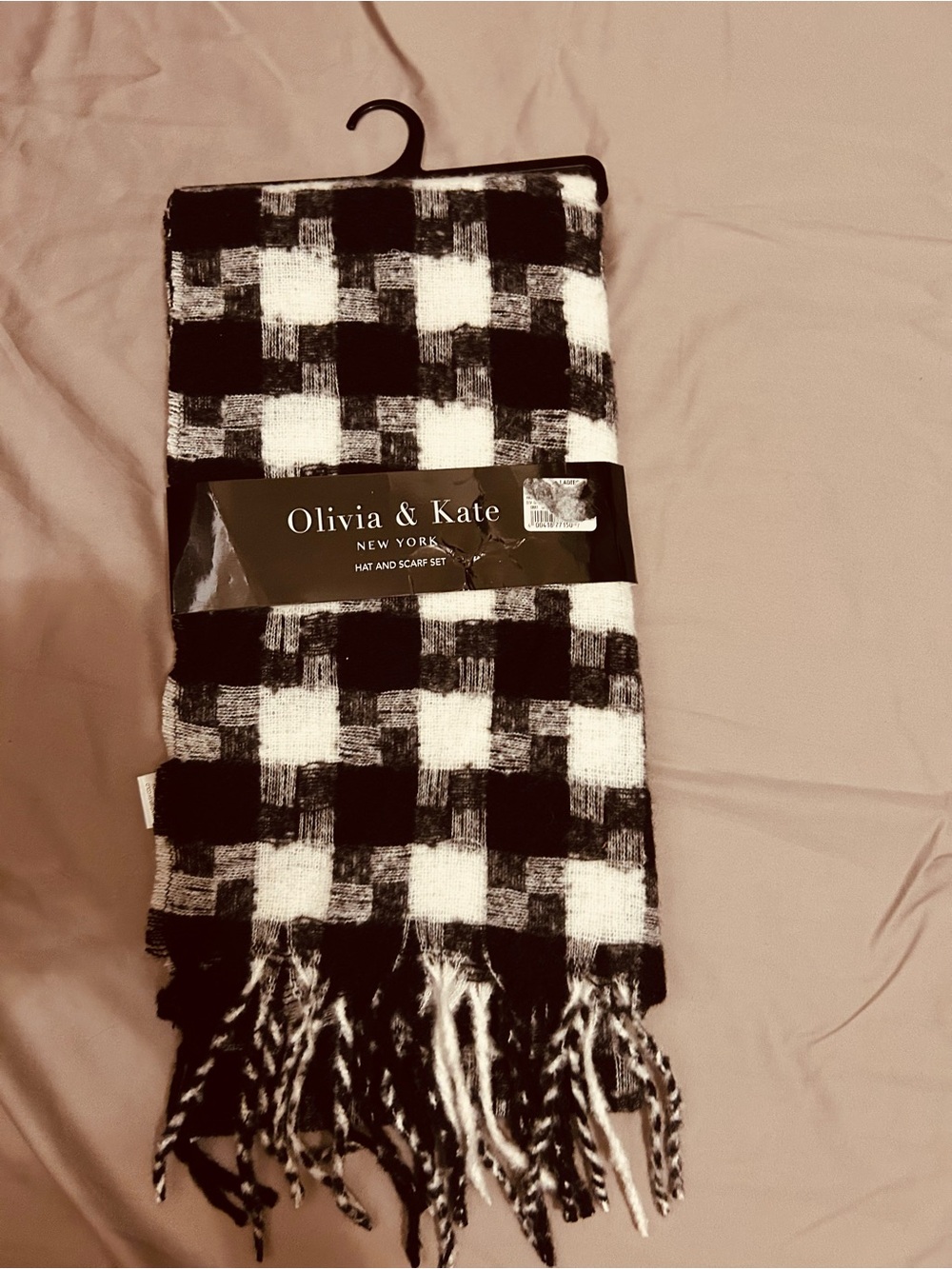 Olivia & Kate Black and White Plaid Scarf and Hat Set